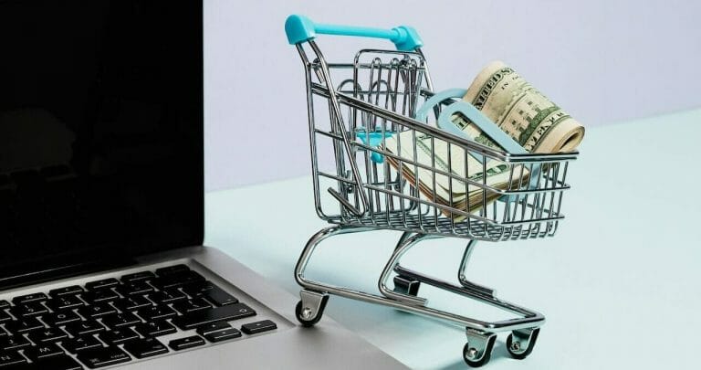 Small shopping cart with money inside sitting next to a laptop. This symbolizes costs when online. But small business websites can be affordable.